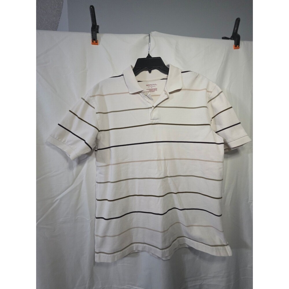 Merona Men's Polo Shirt Medium Beige White Striped Short Sleeve Cotton